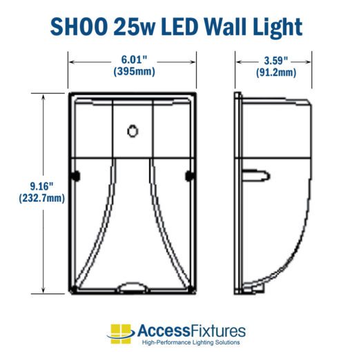 SHOO 25w LED Wall Light Fixture 120v-277v 50,000-Hr. Life, IP65 dimensions