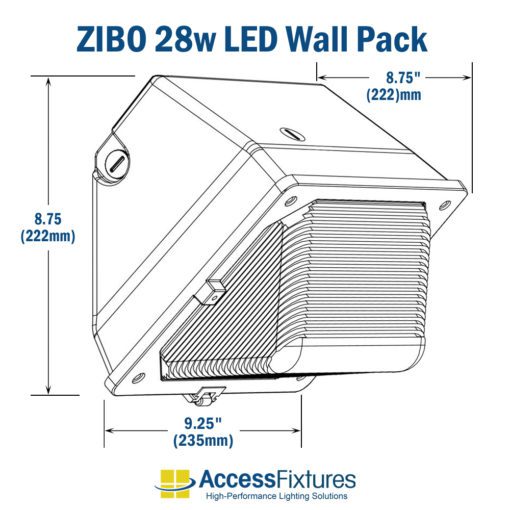 ZIBO 28w Commercial LED Wall Pack 120v-277v 50,000-Hr. Life, IP55 dimensions