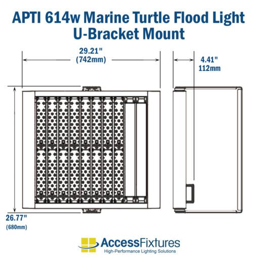 APTI 614w Turtle-Friendly LED Flood Light 120-277v: 200,000-Hr. Life dimensions with u-bracket