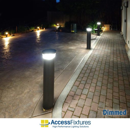 OPPE 26w Round Flat Top LED Bollard Light with Reflector - Dimmable LED Bollard Light - IP67, CSA Rated, Aluminum Housing view one dimmed