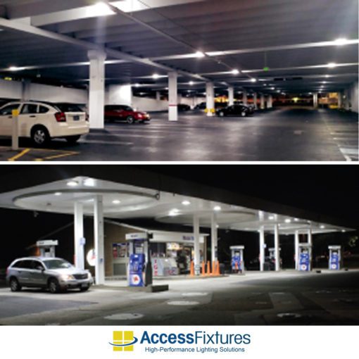 ANDO 70w LED Canopy Light 120-277v - 70,000-Hour Life, 5-Year Warranty, IP65 installed in parking garage and gas station