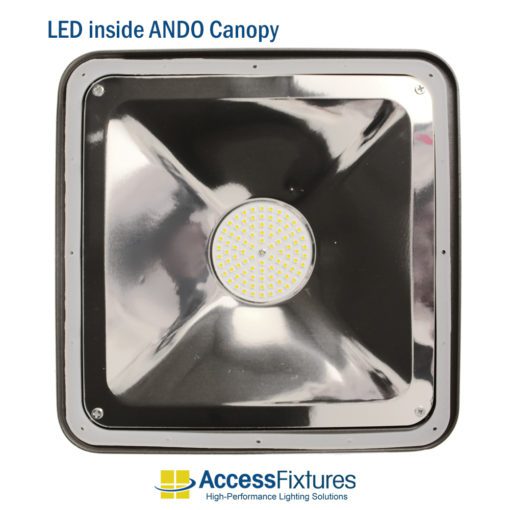 ANDO 70w LED Canopy Light 120-277v showing LED inside fixture