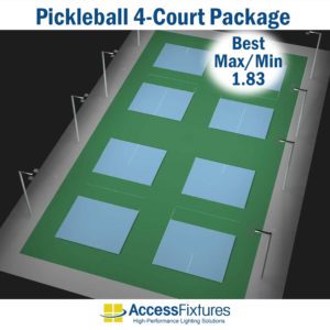 Pickleball 4-court Led Lighting Package: 8 Poles, 16 Fixtures, 34fc 1.83 max/min