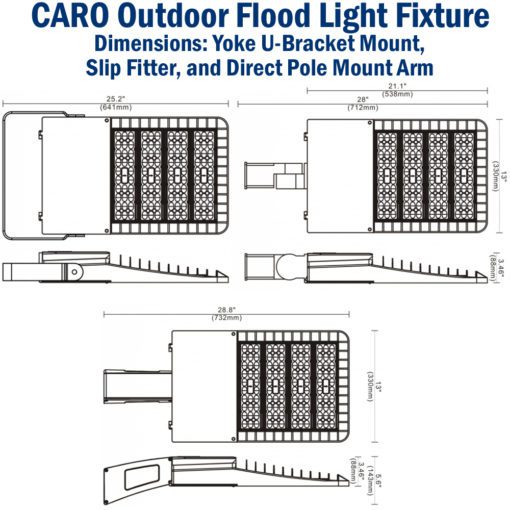 CARO 302w LED Flood Light 120-277v dimensions