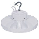 HIIO LED High Bay Light with white die-cast aluminum housing, IP65 wet locations rating, 80+ CRI and glare reducing lens.