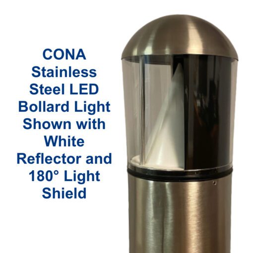 Stainless steel bollard light with cone reflector and black 180° light shield