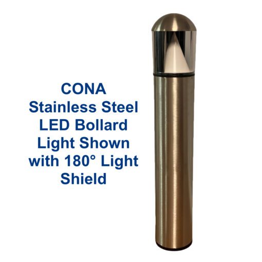 Stainless steel bollard light with cone reflector and black 180° light shield