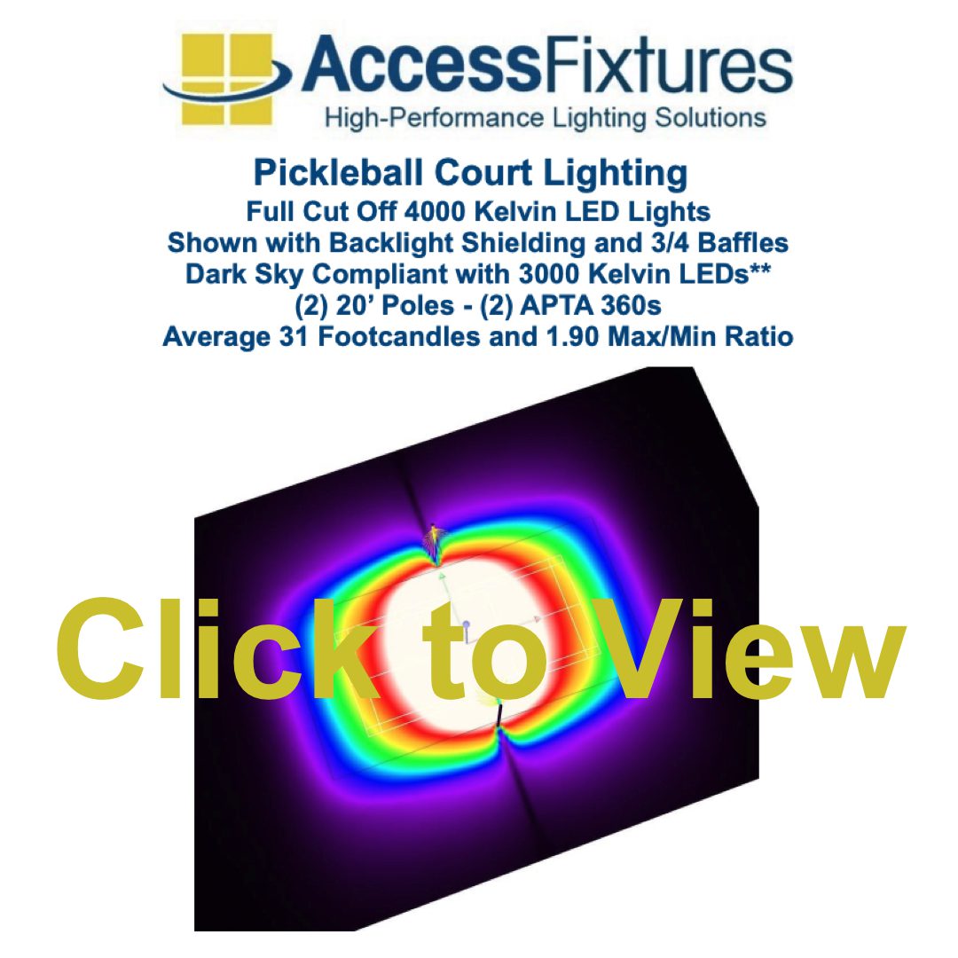 Access Fixtures entry-level pickleball lighting package uses 700 watts to deliver 31 footcandles with a low 1.9 max/min ratio exceeding USAPA lighting standards 