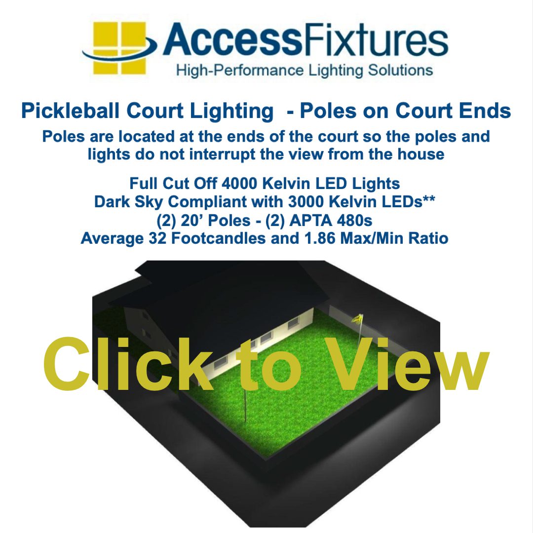 Access Fixtures Pickleball court lighting exceeds all USA Pickleball Association lighting standards. Poles and lights are located at the end of the pickleball court, so they do not interrupt the view from your house, deck, or patio. 
